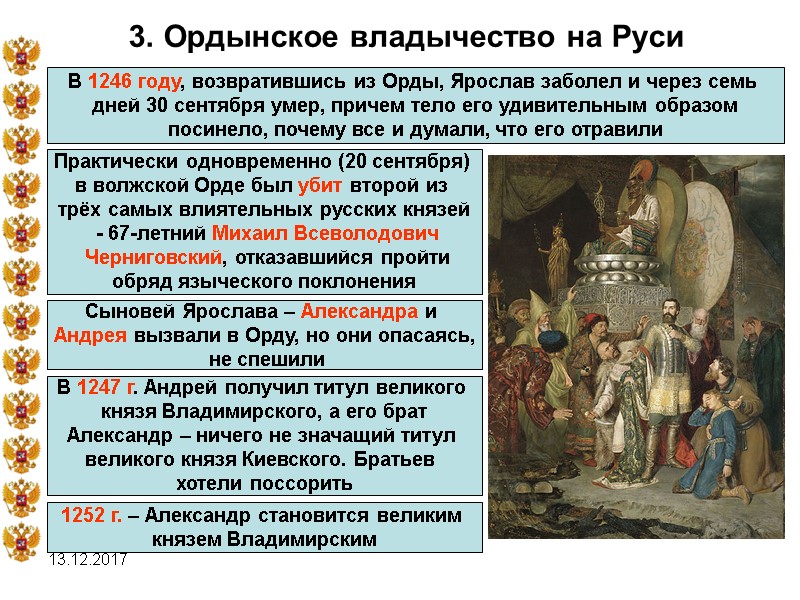 13.12.2017 3. Ордынское владычество на Руси В 1246 году, возвратившись из Орды, Ярослав заболел